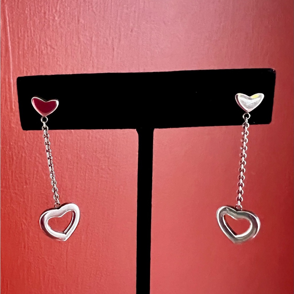 Tiffany & Co Silver Heart Drop Lariat Dangle Earrings